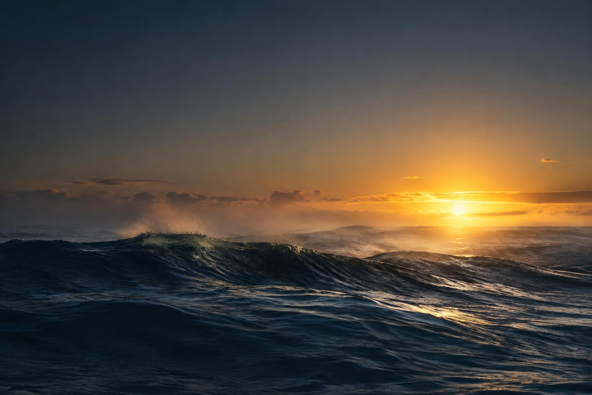 Open ocean at sunrise, a long wave rolling toward the horizon